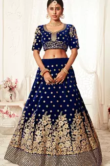 Navy-blue embroidered velvet semi stitched lehenga