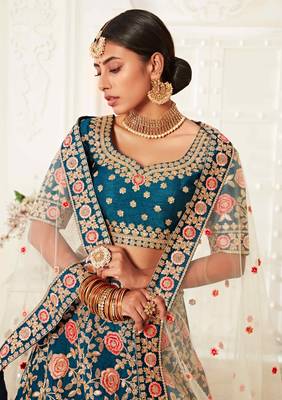 Blue embroidered silk semi stitched lehenga 3