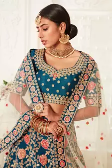 Blue embroidered silk semi stitched lehenga