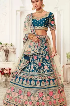 Blue embroidered silk semi stitched lehenga
