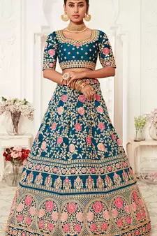 Blue embroidered silk semi stitched lehenga