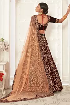 Maroon embroidered velvet semi stitched lehenga