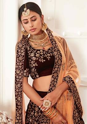 Maroon embroidered velvet semi stitched lehenga 4