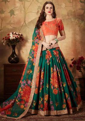 Dark-green embroidered organza semi stitched lehenga 1