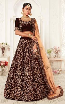 Maroon embroidered velvet semi stitched lehenga 5