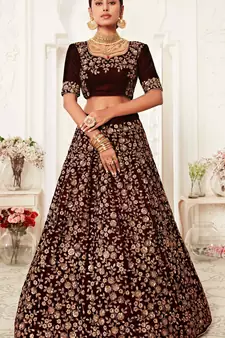Maroon embroidered velvet semi stitched lehenga