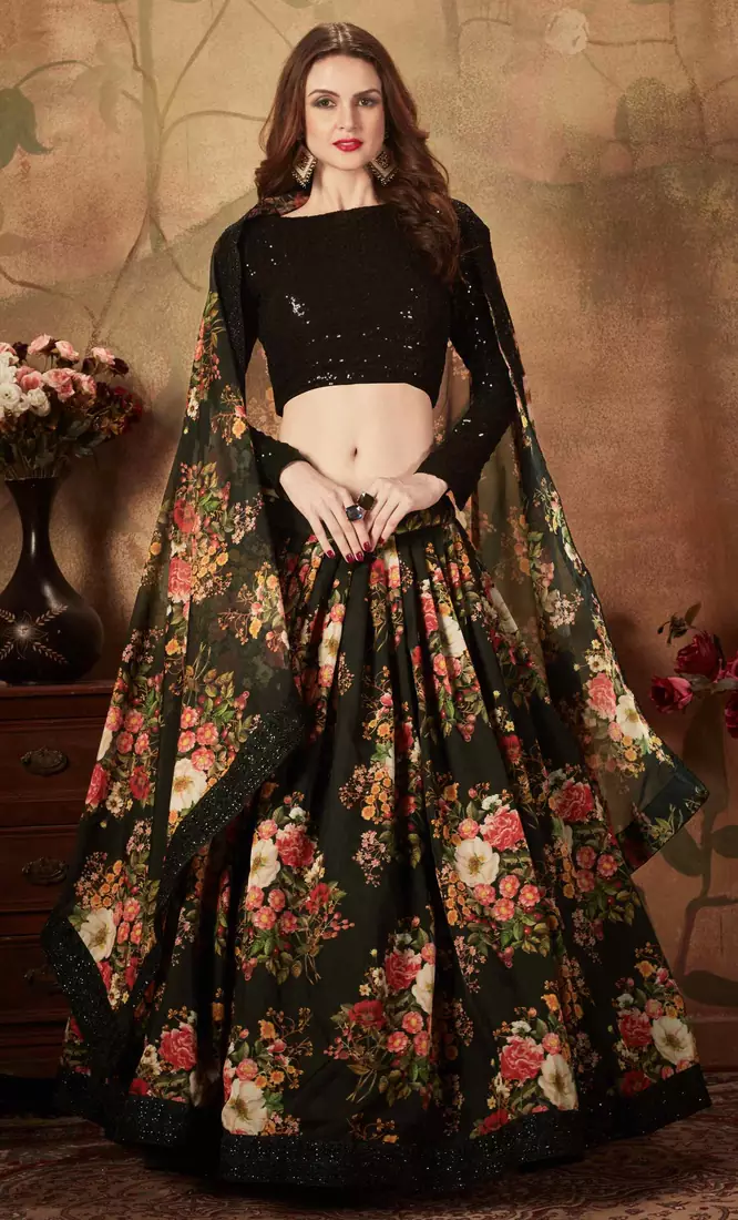 Black embroidered organza semi stitched lehenga