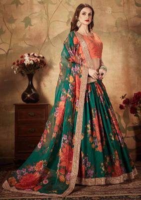 Dark-green embroidered organza semi stitched lehenga 3
