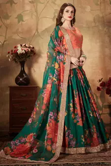 Dark-green embroidered organza semi stitched lehenga