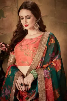 Dark-green embroidered organza semi stitched lehenga
