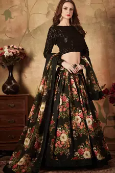 Black embroidered organza semi stitched lehenga