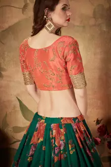 Dark-green embroidered organza semi stitched lehenga