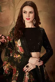 Black embroidered organza semi stitched lehenga