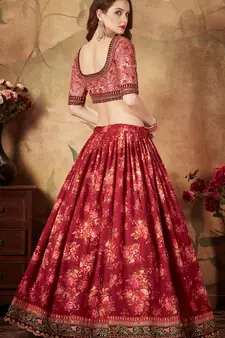Maroon embroidered organza semi stitched lehenga