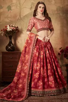Maroon embroidered organza semi stitched lehenga