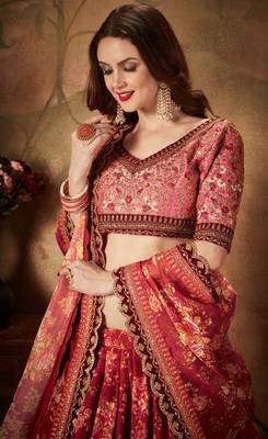 Maroon embroidered organza semi stitched lehenga 4
