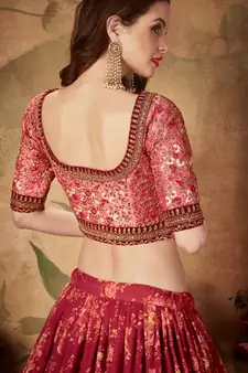 Maroon embroidered organza semi stitched lehenga