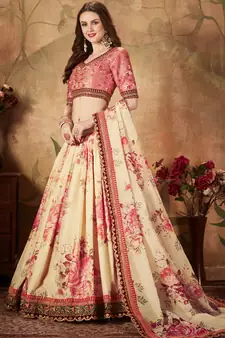Beige embroidered organza semi stitched lehenga