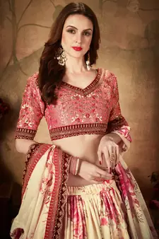 Beige embroidered organza semi stitched lehenga