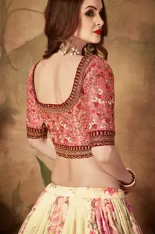 Beige embroidered organza semi stitched lehenga