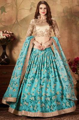 Sky-blue embroidered organza semi stitched lehenga 1