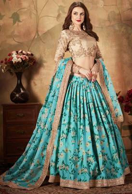 Sky-blue embroidered organza semi stitched lehenga 3