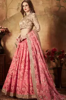 Pink embroidered organza semi stitched lehenga