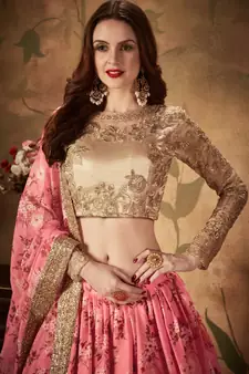 Pink embroidered organza semi stitched lehenga