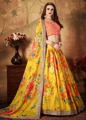 Yellow embroidered organza semi stitched lehenga 3