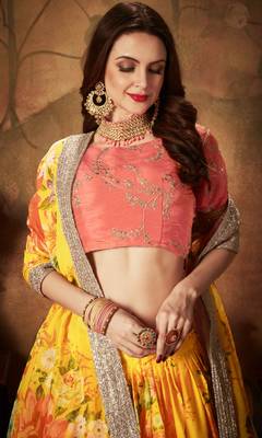 Yellow embroidered organza semi stitched lehenga 4