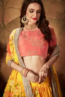 Yellow embroidered organza semi stitched lehenga