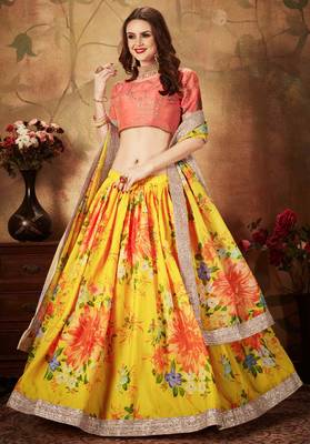 Yellow embroidered organza semi stitched lehenga 5