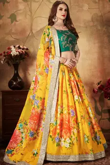 Yellow embroidered organza semi stitched lehenga