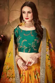 Yellow embroidered organza semi stitched lehenga