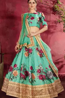 Green embroidered art silk semi stitched lehenga