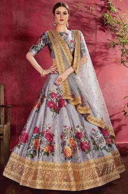 Grey embroidered art silk semi stitched lehenga 1
