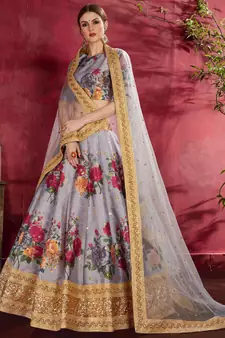 Grey embroidered art silk semi stitched lehenga