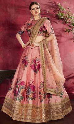 Peach embroidered art silk semi stitched lehenga 2