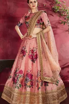 Peach embroidered art silk semi stitched lehenga