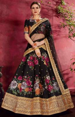 Black embroidered art silk semi stitched lehenga 1