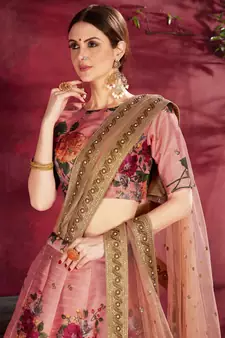 Peach embroidered art silk semi stitched lehenga