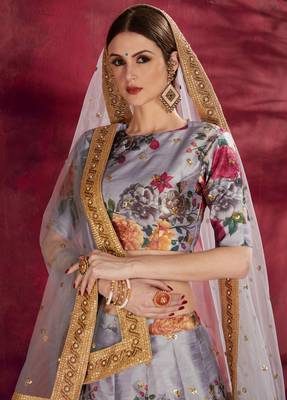 Grey embroidered art silk semi stitched lehenga 4