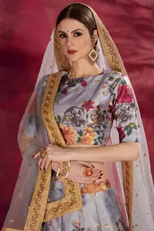 Grey embroidered art silk semi stitched lehenga