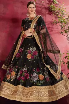 Black embroidered art silk semi stitched lehenga