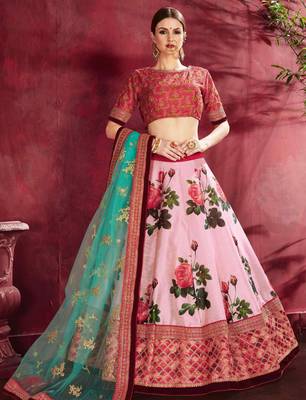 Pink embroidered art silk semi stitched lehenga 1