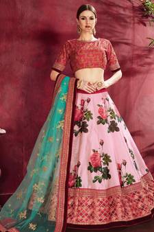 Pink embroidered art silk semi stitched lehenga
