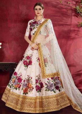 Off-white embroidered art silk semi stitched lehenga 1