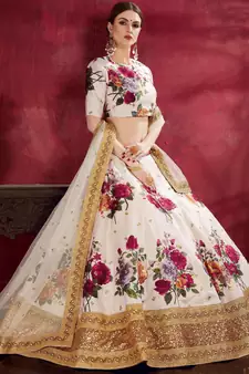 Off-white embroidered art silk semi stitched lehenga