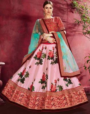 Pink embroidered art silk semi stitched lehenga 4