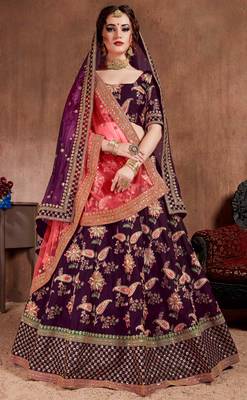 Dark-purple embroidered art silk semi stitched lehenga 1